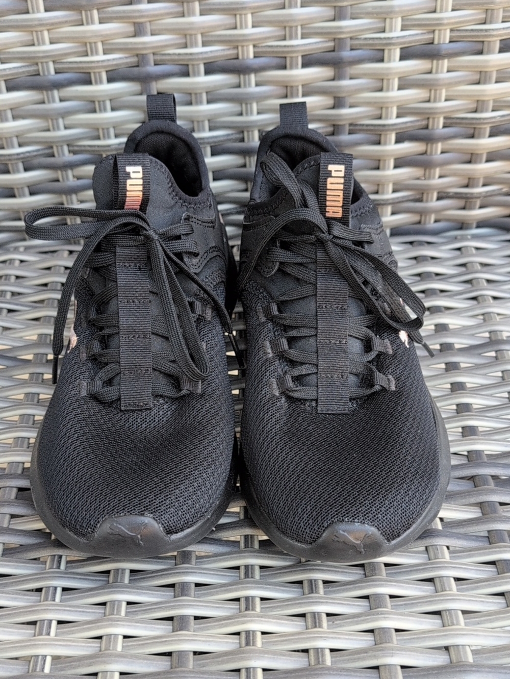 Puma Men’s Black Athletic Sneakers with Subtle Rose Gold Logo, Size 7.5